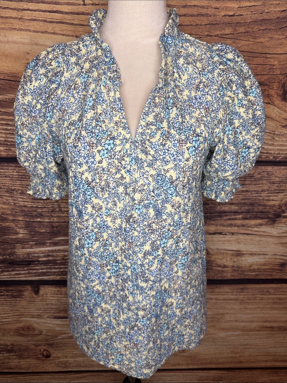 LOFT Blue and Yellow Floral Puff-Sleeve Peasant Blouse
